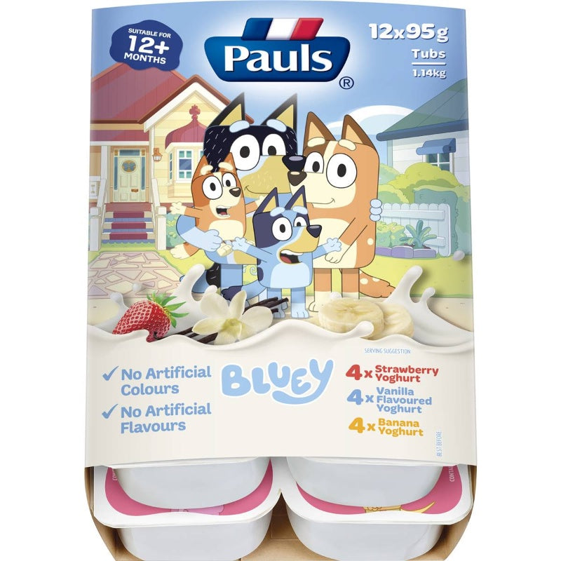 Pauls Strawberry Vanilla & Banana Kids Yoghurt Bluey 95g x 12 Pack