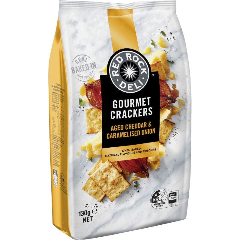 Red Rock Deli Gourmet Crackers Aged Cheddar & Caramelised Onion 130g