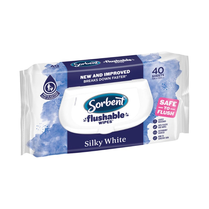 Sorbent Clean & Fresh Silky White Flushable Wipes Soft Pack 40pk