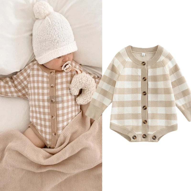 Baby Sweater Beige Check Romper Sz 6mth