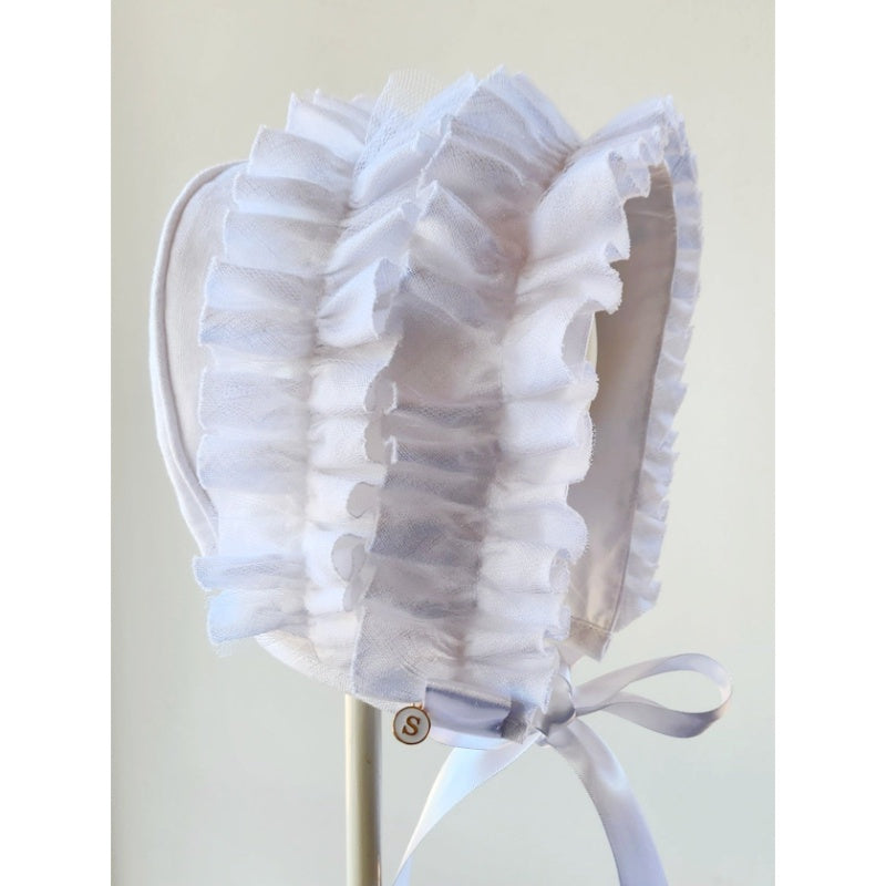 Small Dreams Exclusive Linen Bonnet, Double Frill with Horseshoe, White 12-18mth