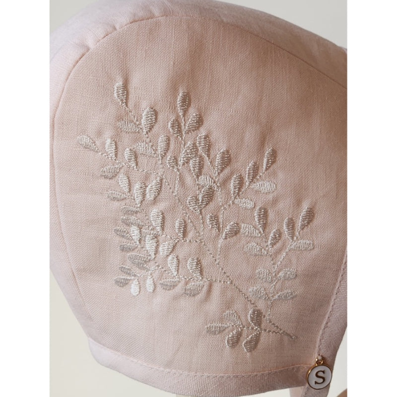 SD Linen Bonnet, Palest Pink Linen Cap Style Bonnet w/ Ivory Embroidered Branch 6-12mth