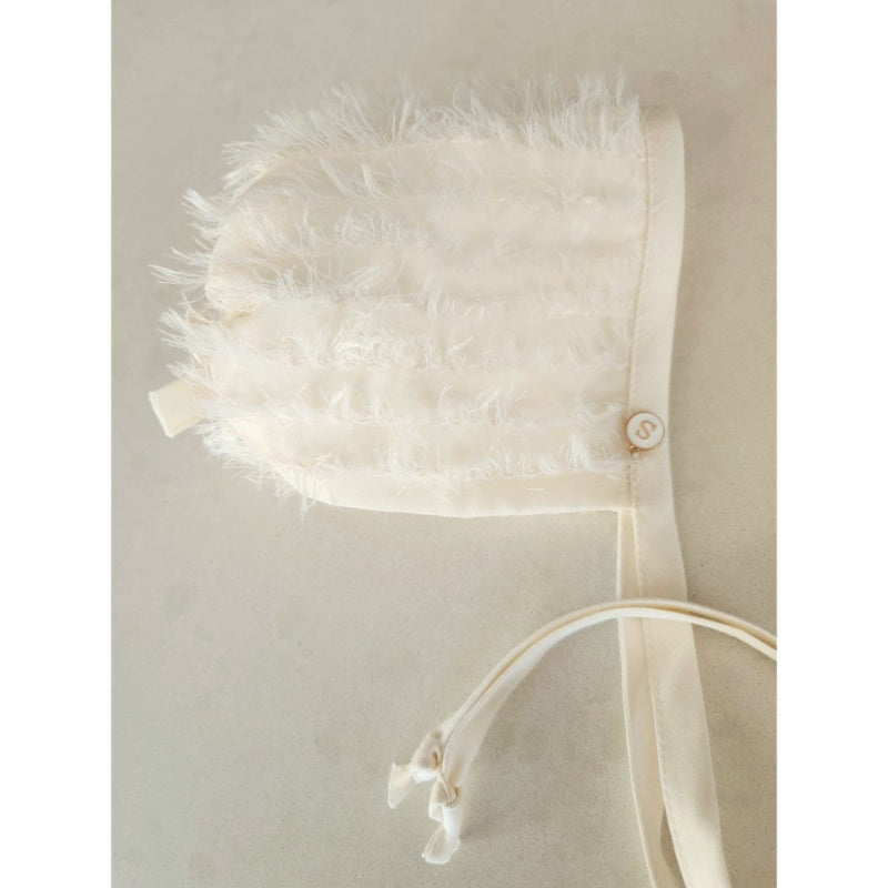 Small Dreams Exclusive Cream bonnet, Tufted Cream Chiffon, Drawstring  Small