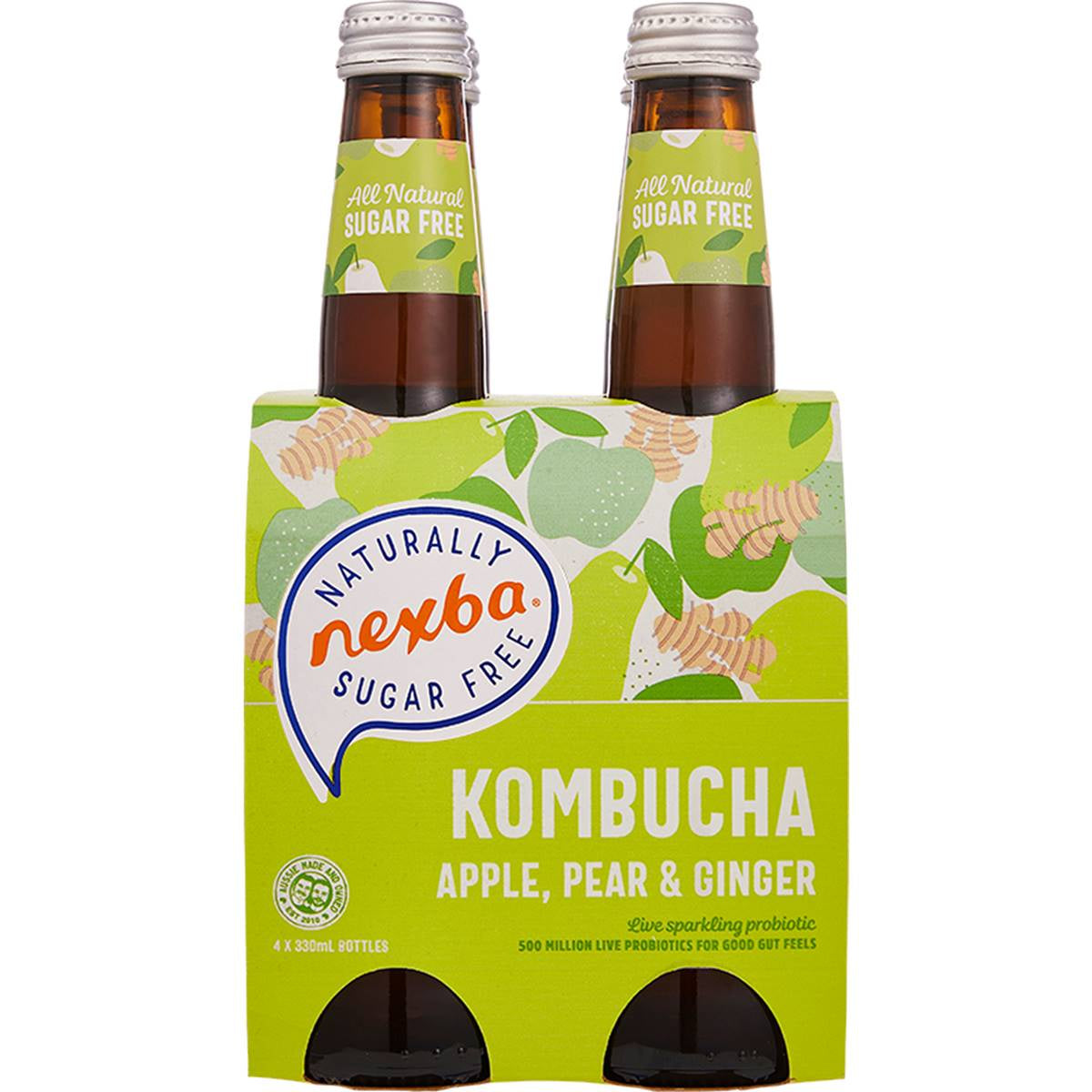 Nexba Apple, Pear & Ginger Sugar-free Kombucha 330ml x 4 Pk