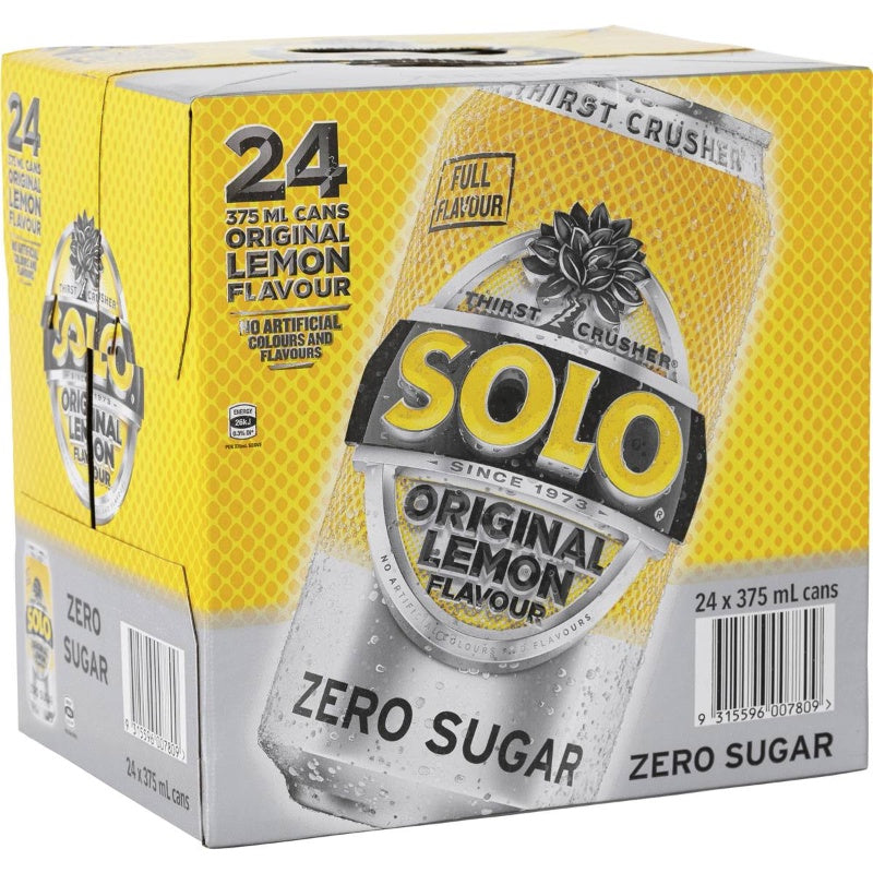 Solo Zero Sugar Original Lemon Soft Drink Cans Multipack 375ml X 24 Pack