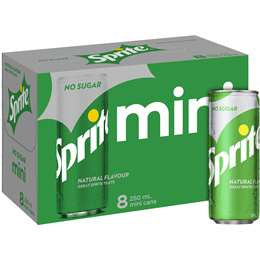 Sprite No Sugar Lemonade Soft Drink Multipack Cans 250ml 8 Pack