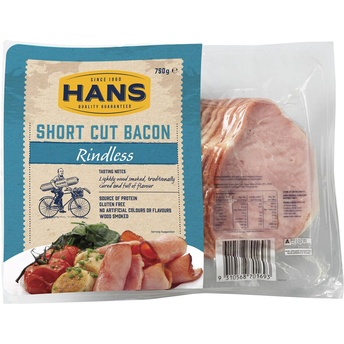 Hans Bacon Short Cut Rindless 750g