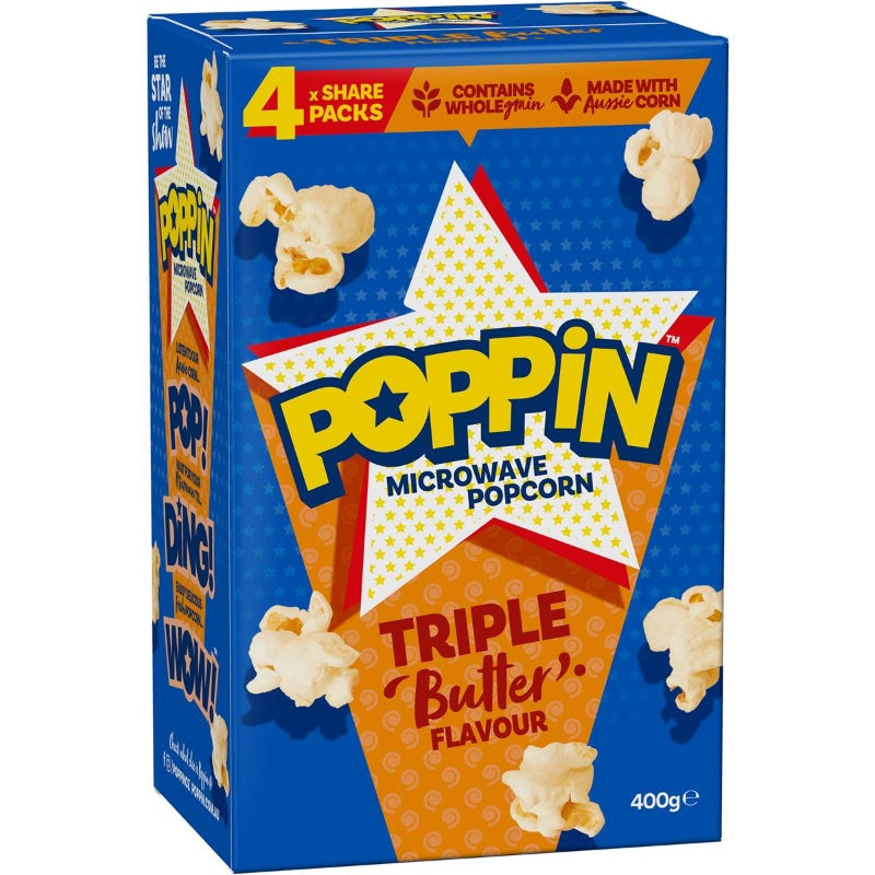 Poppin Microwave Popcorn Triple Butter Flavour 4 x 100g