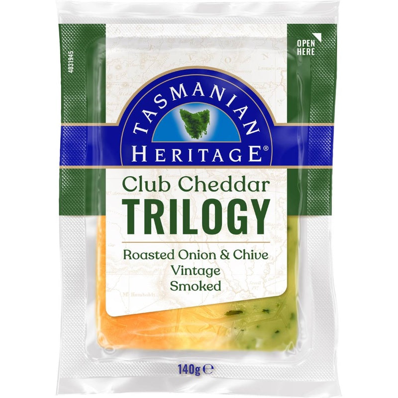 Tasmanian Heritage Club Cheddar Trilogy Roasted Onion & Chive Vintage Smoked 140g