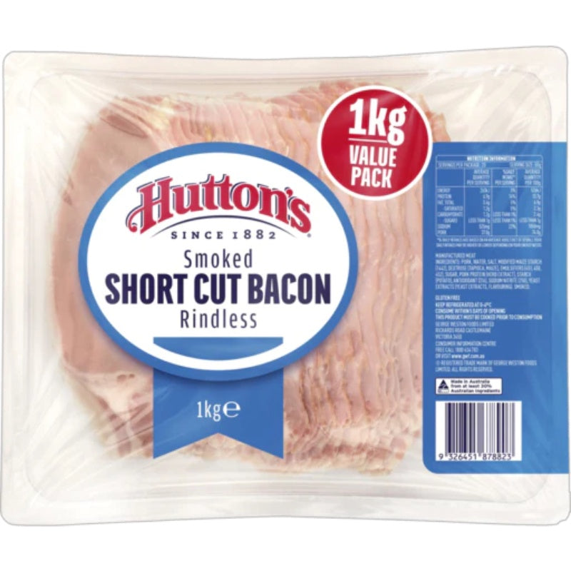 Huttons Rindless Smoked Short Cut Bacon 1kg